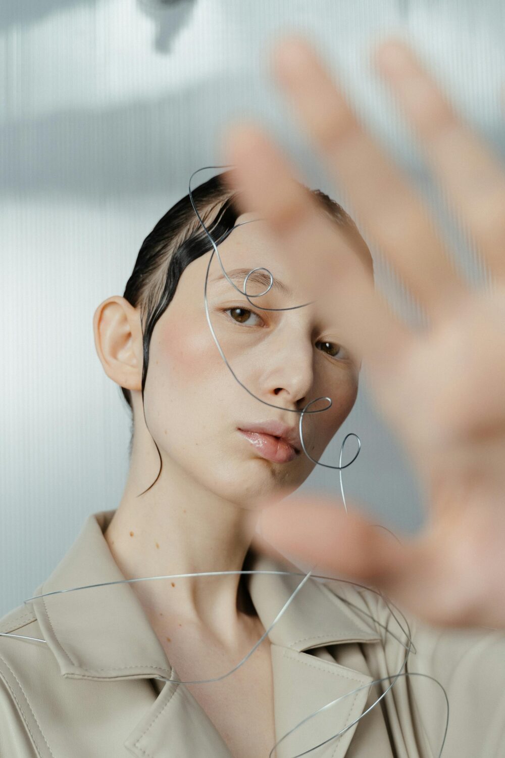 A person with wet hair and wire art on their face.