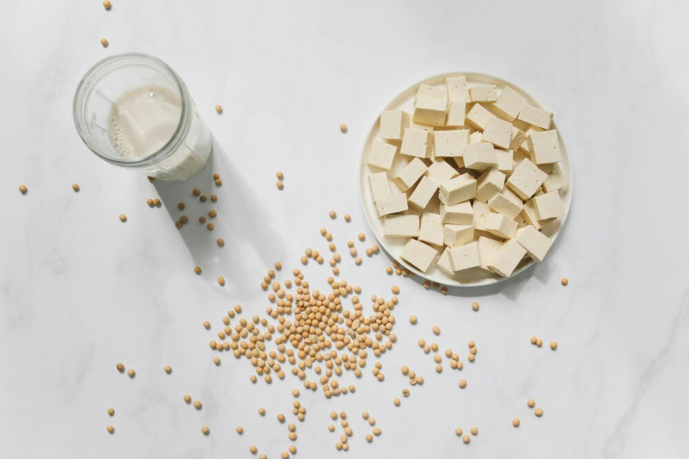 Tofu cubes, soybeans, and a glass of soy milk displayed.