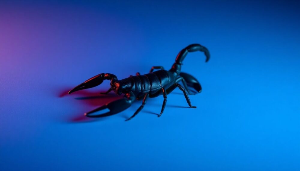 Black scorpion on blue background with dramatic lighting.